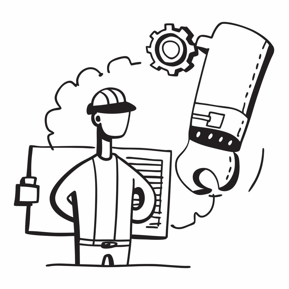 Clean Silhouette of an engineer and a mechanical blueprint symbolizing technical design in double exposure with copy space concept as A silhouette of an engineer merged with a mechanica vector
