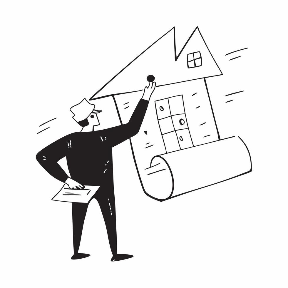 Clean Silhouette of an architect and a house floor plan symbolizing home planning in double exposure with copy space concept as A silhouette of an architect blended with a house floor p vector