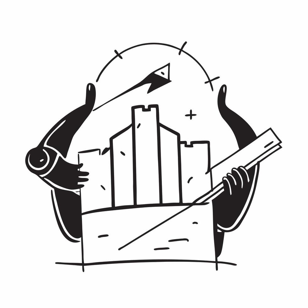 Clean Silhouette of an architect and a building blueprint symbolizing architectural planning in double exposure with copy space concept as A silhouette of an architect intertwined with vector