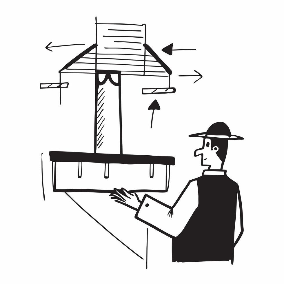 Clean Silhouette of an architect and a bridge blueprint symbolizing structural design in double exposure with copy space concept as A silhouette of an architect merged with a bridge blu vector