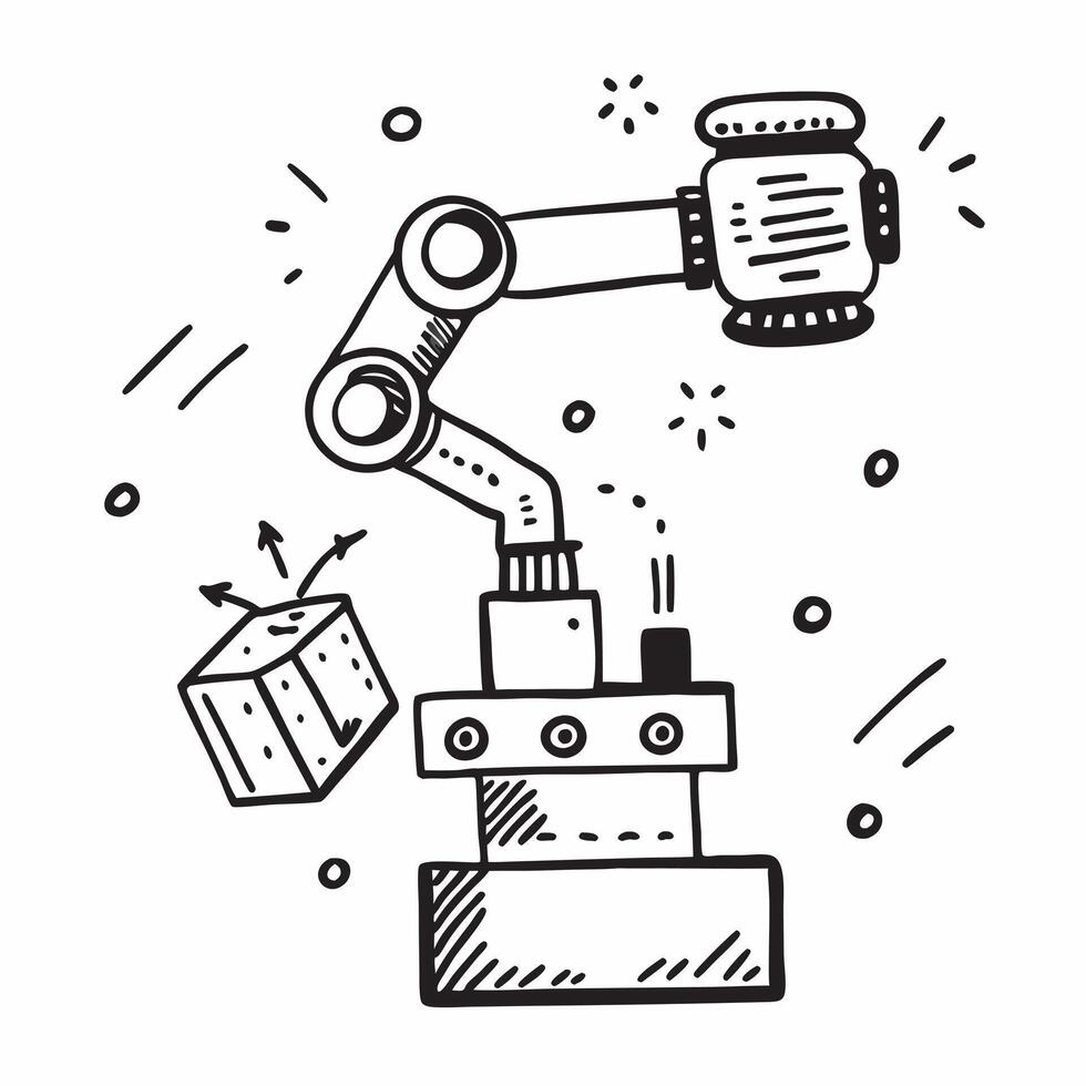 Clean Silhouette of a robot arm and conveyor belt symbolizing automated warehouse operations in double exposure with copy space concept as A silhouette of a robot arm intertwined with a vector