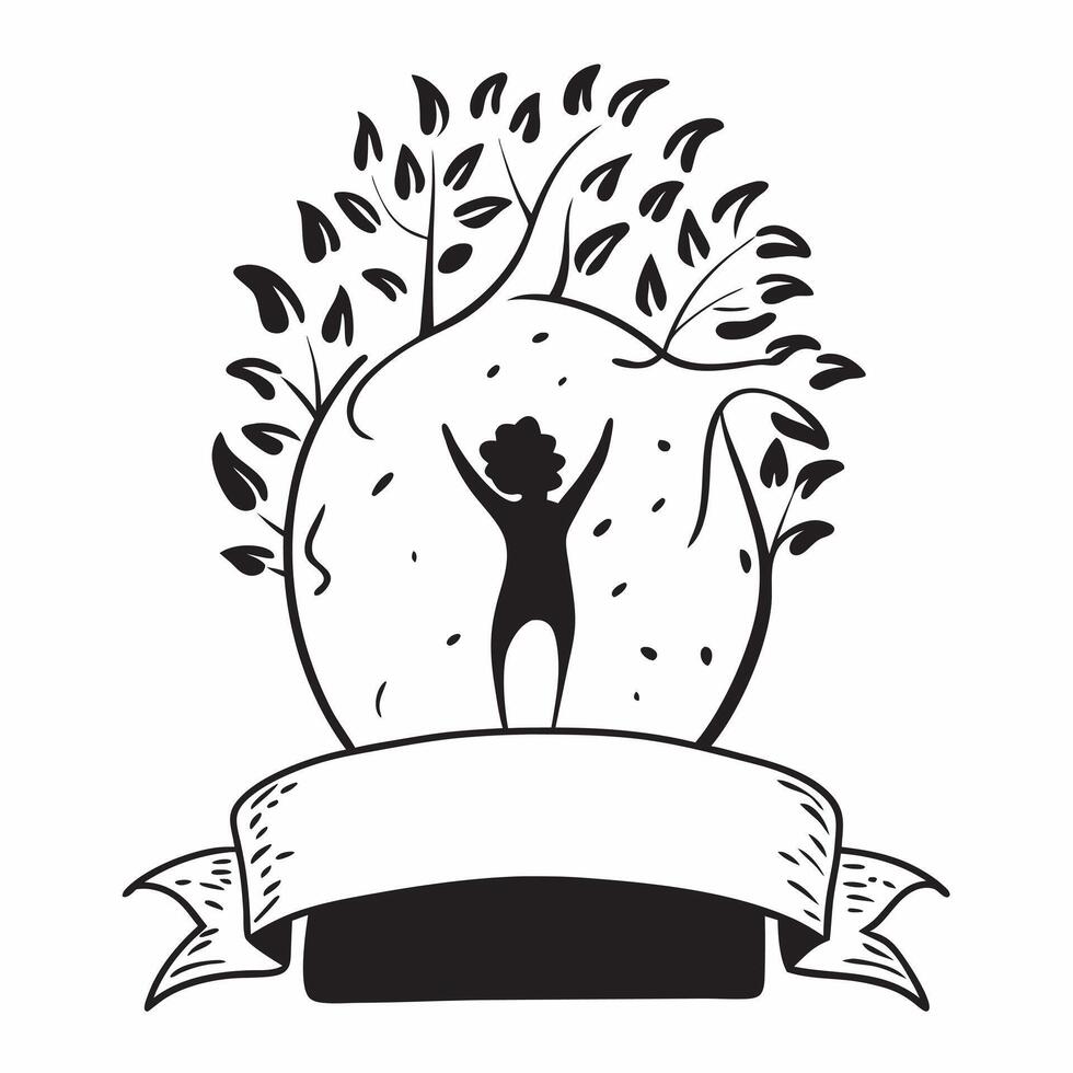Clean Silhouette of a person and a tree canopy symbolizing forest preservation and harmony in double exposure with copy space concept as A silhouette of a person intertwined with a tree vector