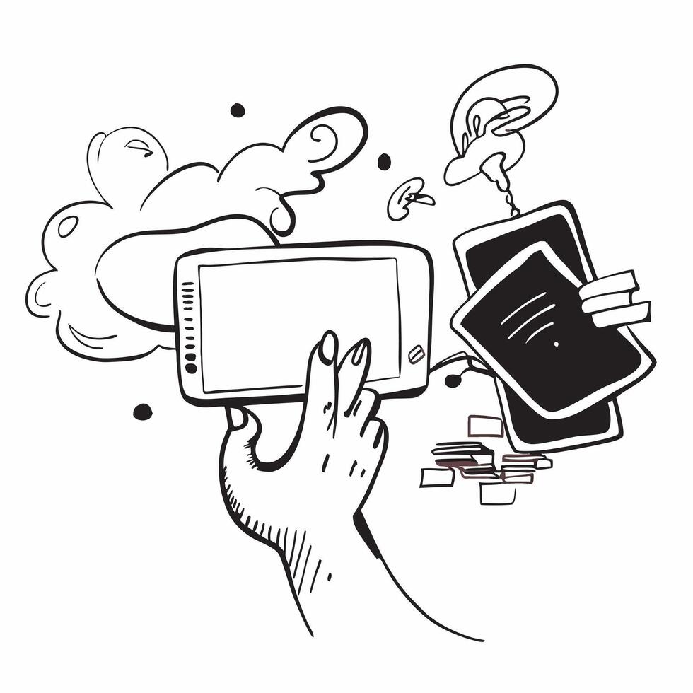 Clean Silhouette of a person and a tablet symbolizing digital creativity in double exposure with copy space concept as A silhouette of a person blended with a tablet representing the fu vector