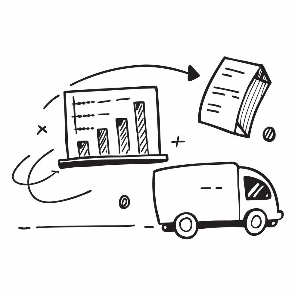 Clean Silhouette of a delivery truck and a bar graph symbolizing distribution cost management in double exposure with copy space concept as A silhouette of a delivery truck intertwined vector