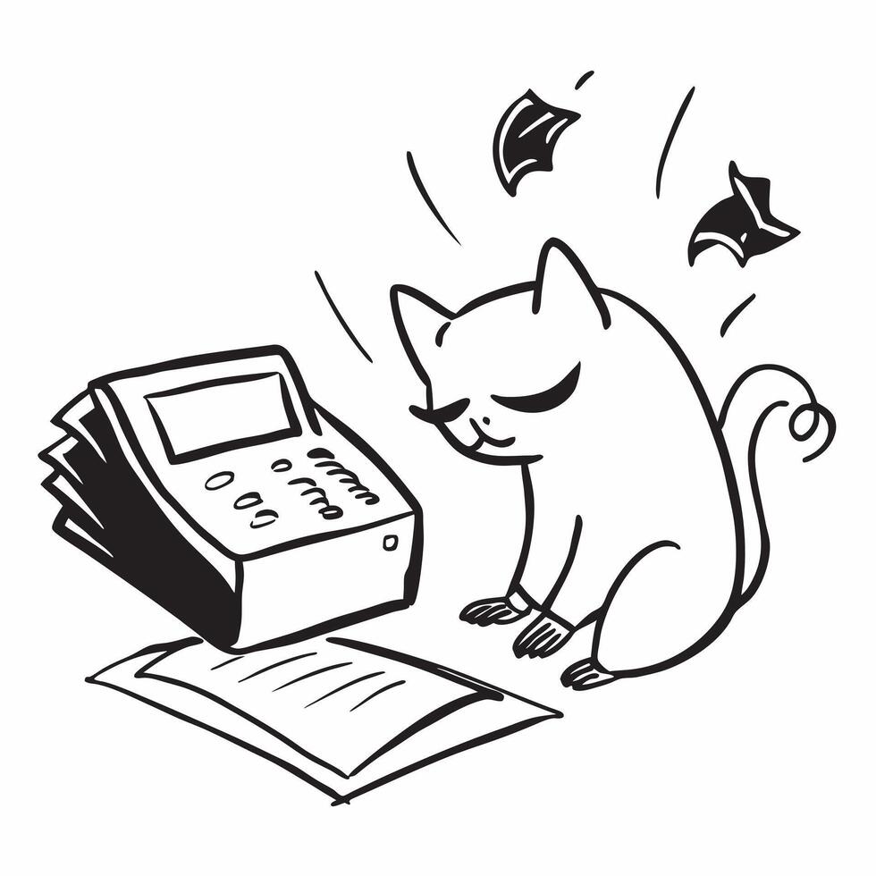 Clean Silhouette of a cat and a cash register symbolizing careful spending in double exposure with copy space concept as A silhouette of a cat intertwined with a cash register represent vector