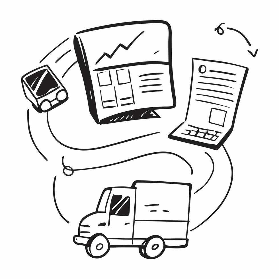 Clean Silhouette of a cargo truck and a stock turnover report symbolizing inventory distribution in double exposure with copy space concept as A silhouette of a cargo truck intertwined vector