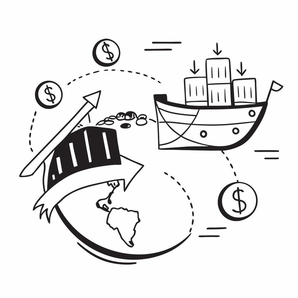 Clean Silhouette of a cargo ship and financial charts symbolizing global supply chain finance in double exposure with copy space concept as A silhouette of a cargo ship intertwined with vector