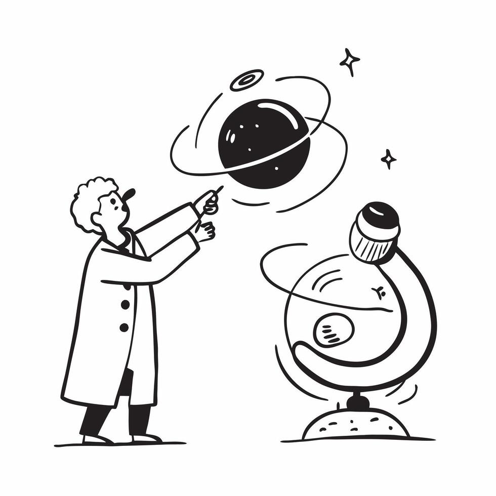 Clean Scientist with a microscope and a model planet representing dreams of scientific exploration with ample space for text concept as A scientist holding a microscope and a model plan vector