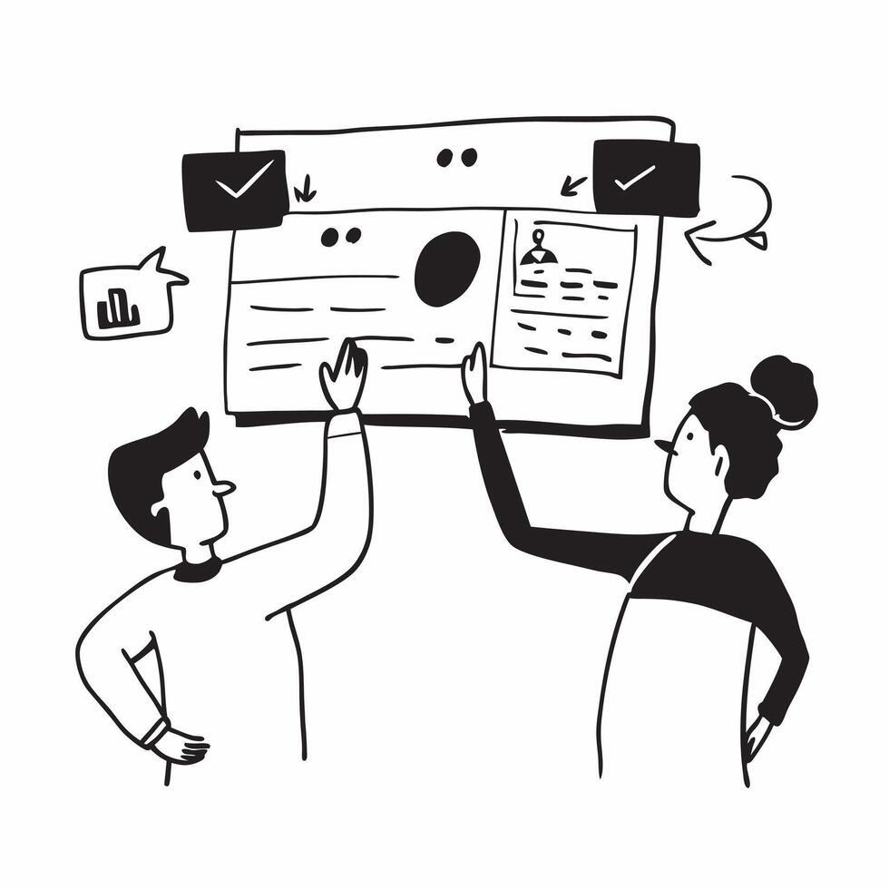 Clean Sales team collaborating on a sales pitch concept as A icon illustration of a sales team collaborating on a sales pitch using laptops and charts with a 3 color scheme to highligh vector