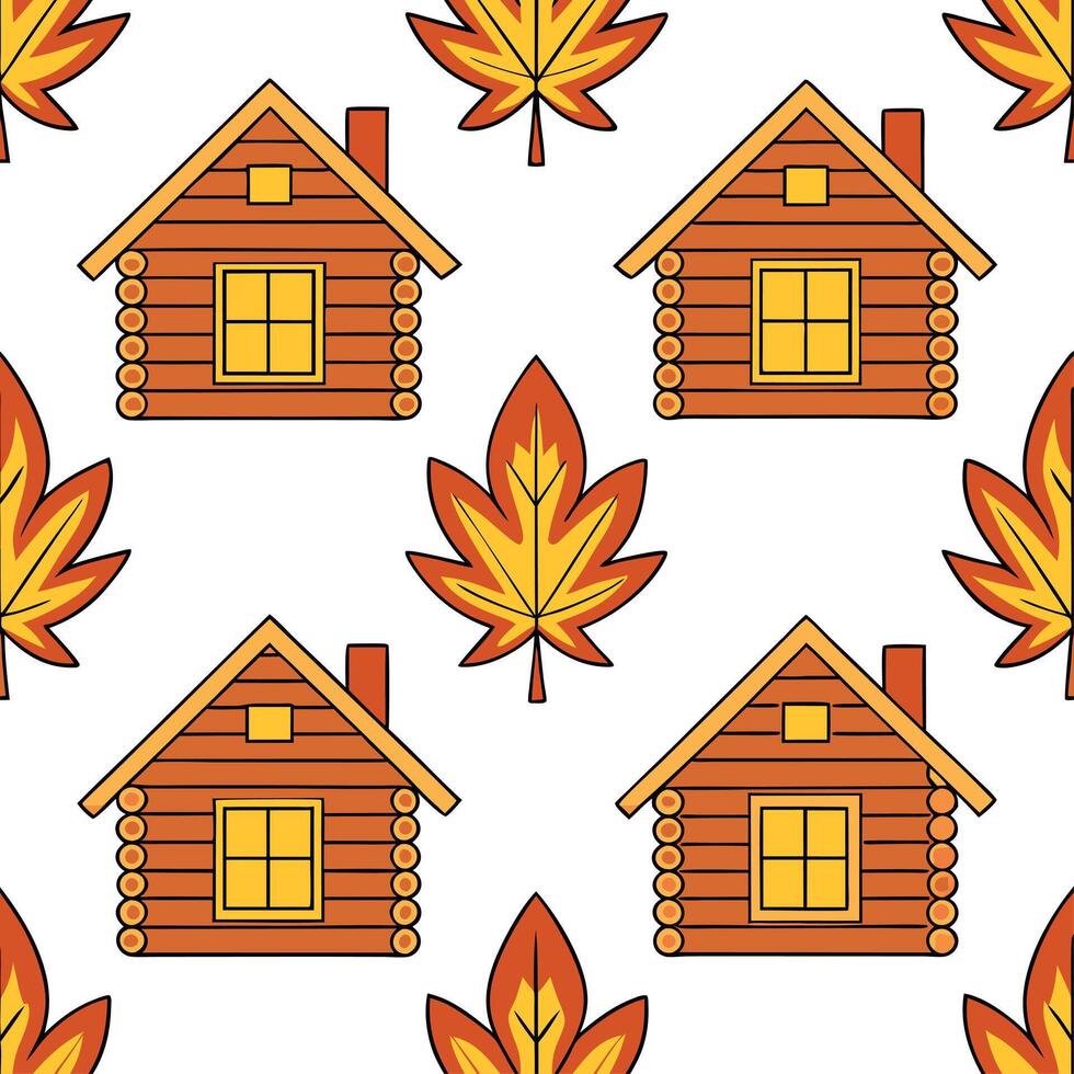 Clean Rustic wooden cabin seamless tile pattern with warm lights and autumn foliage concept as Warm lit rustic cabins surrounded by autumn foliage create a seamless tile pattern perfect vector
