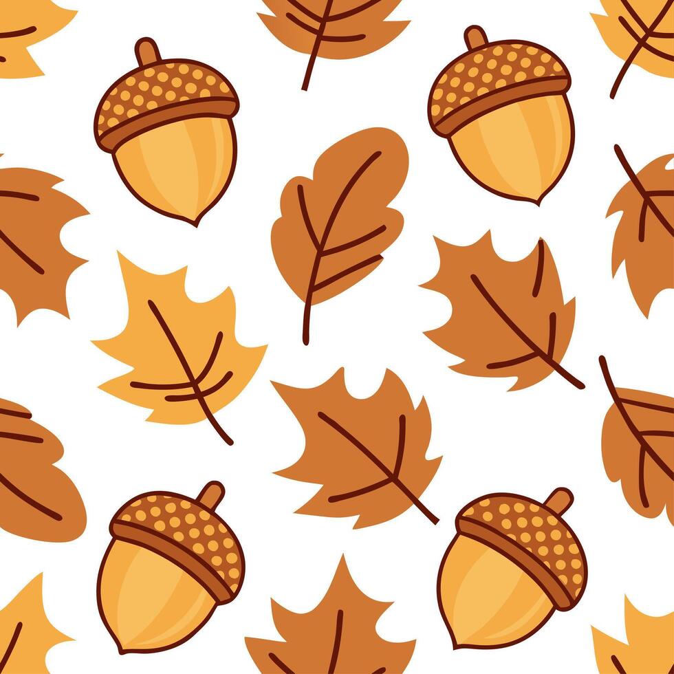 Clean Rustic acorns and leaves seamless tile pattern with warm autumn colors and textures concept as Warm colored acorns and autumn leaves create a rustic seamless tile pattern with cozy vector