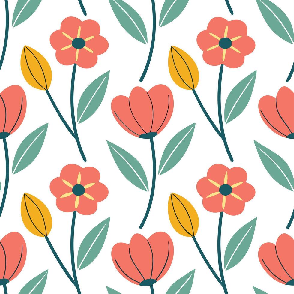Clean Retro spring flower seamless pattern with poppies and tulips for bold home accents concept as Retro inspired seamless pattern featuring poppies and tulips for bold and eye catching vector
