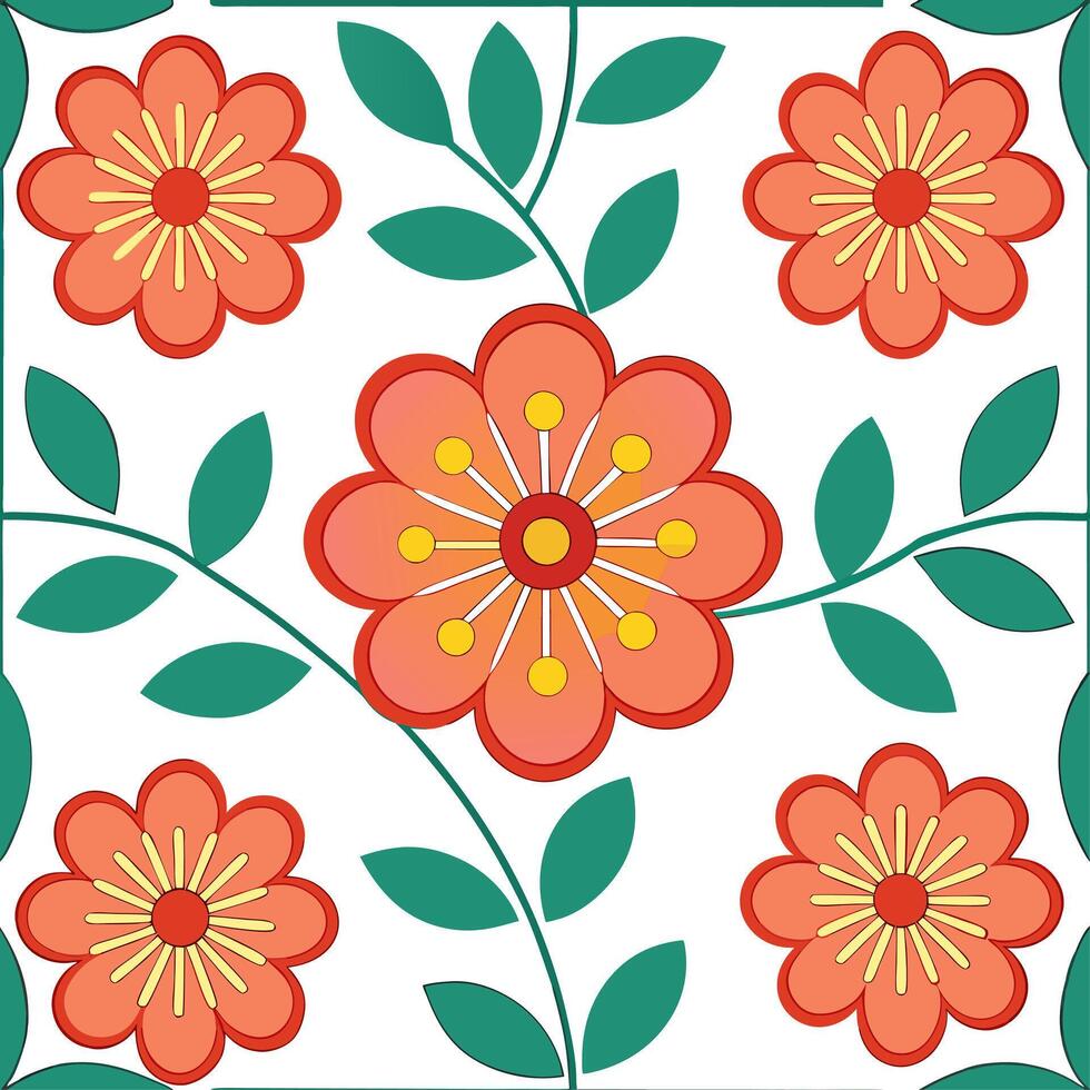 Clean Retro floral seamless pattern with bright color schemes for dynamic spring spaces concept as Bold and bright floral motifs in a retro style seamless pattern ideal for lively and dy vector