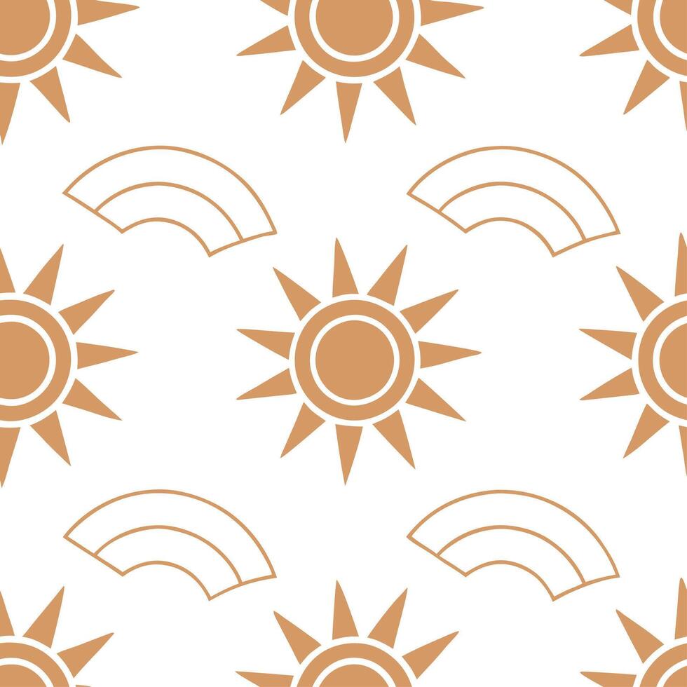 Clean Relaxing summer sun seamless tile pattern with light orange and soft sunburst designs for cozy spaces concept as Soft orange tones and sunburst designs arranged seamlessly to creat vector