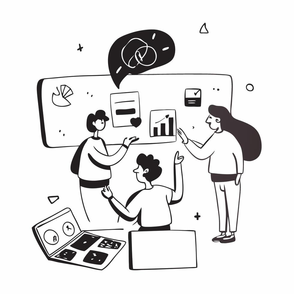 Clean Remote team collaborating on a market research project concept as A illustration of a remote team collaborating on a market research project using conferencing and dig vector