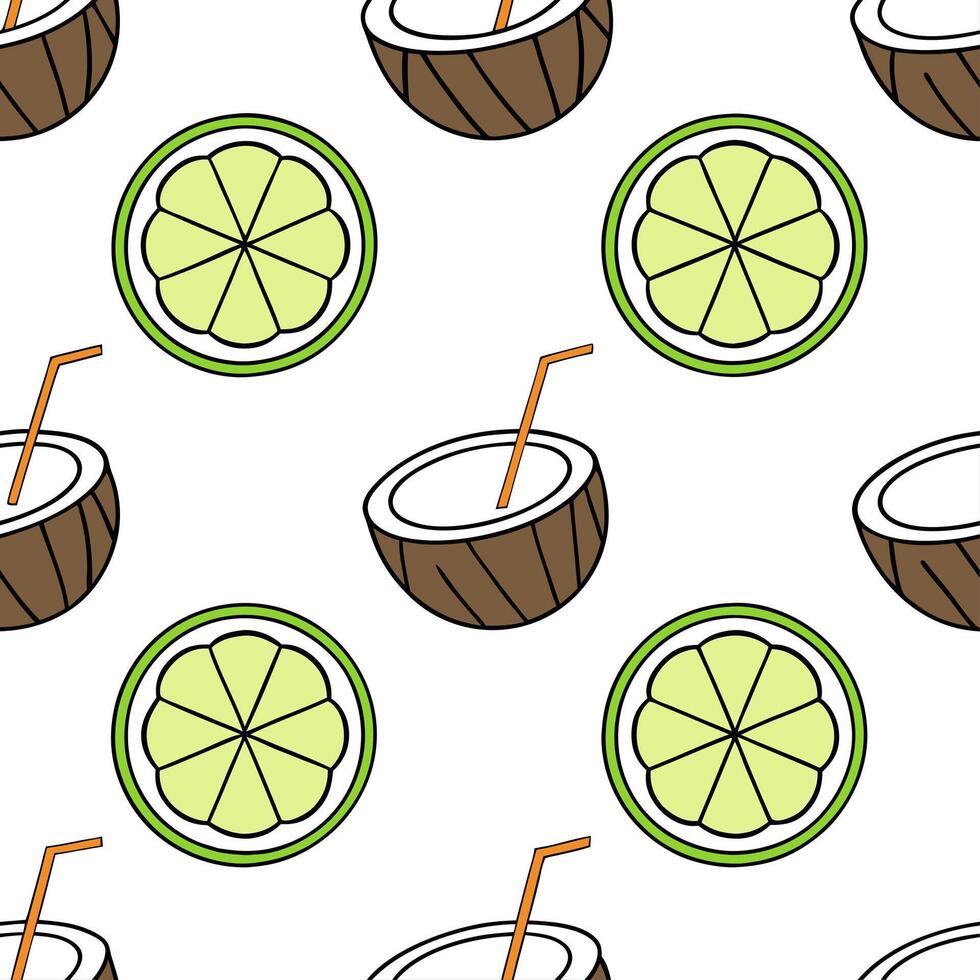 Clean Refreshing coconut drink seamless tile pattern with a tropical flair and beach vibes concept as Tropical coconut drinks with a splash of lime and fresh coconut water create a seaml vector