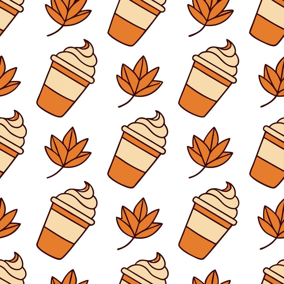 Clean Pumpkin spice latte seamless tile pattern with autumn inspired colors and cozy vibes concept as Warm pumpkin spice latte motifs in autumn colors create a cozy seamless tile pattern vector