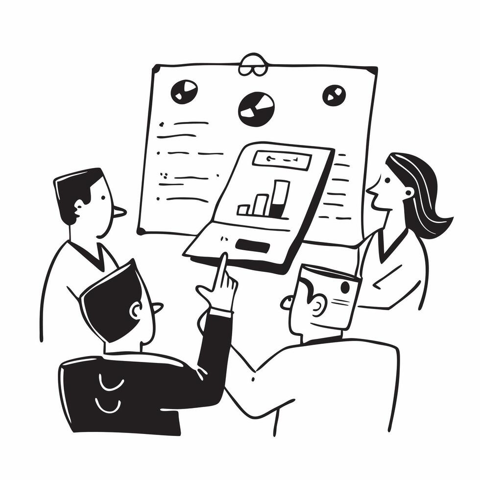Clean Project team presenting their findings in a business meeting concept as A illustration of a project team presenting their findings in a business meeting featuring a 3 color vector