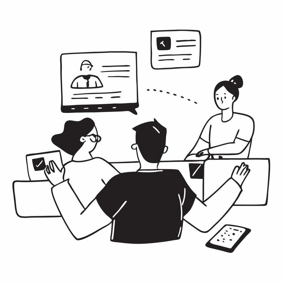 Clean Project manager leading a hybrid meeting concept as A illustration of a project manager leading a hybrid meeting with both onsite and remote participants using a 3 color sch vector