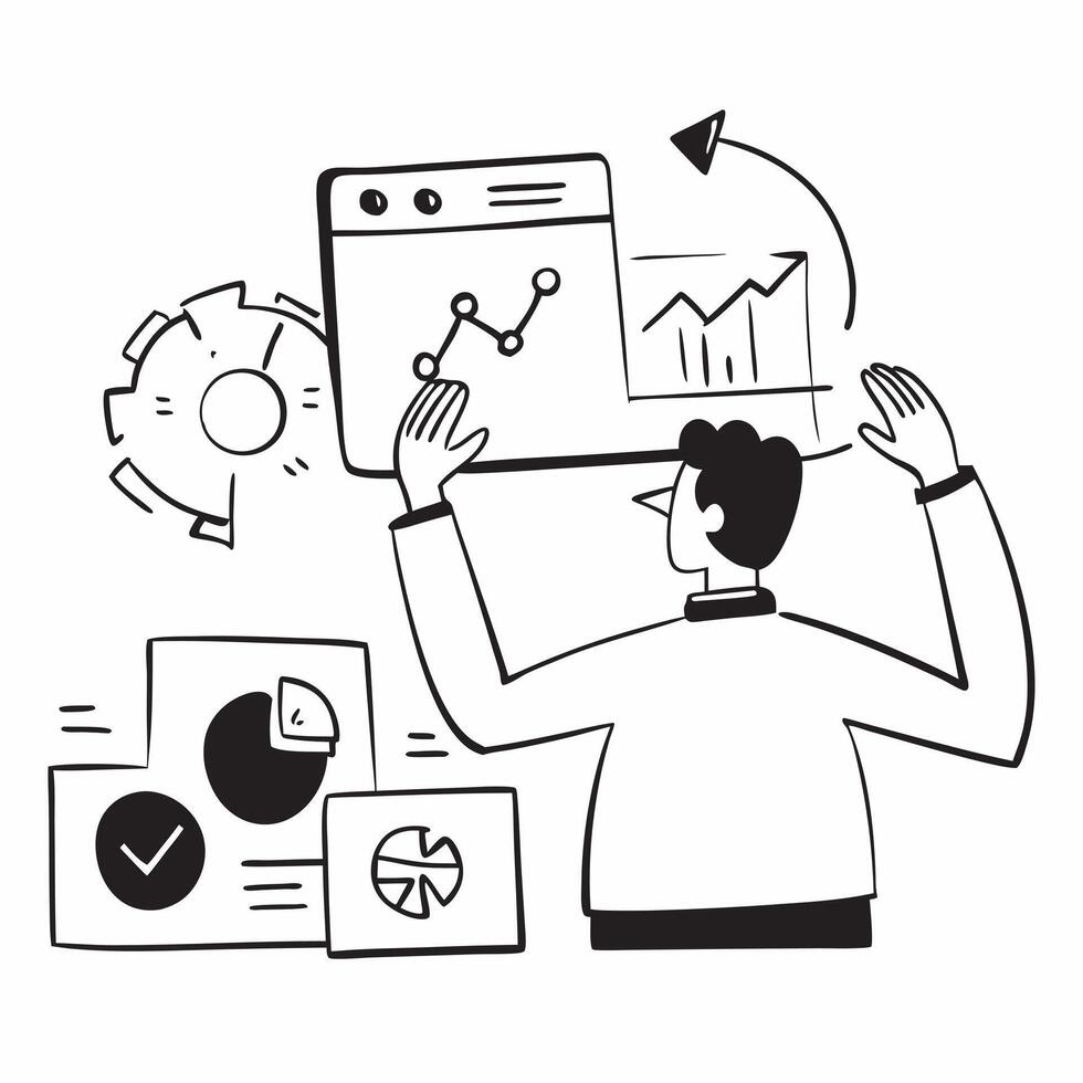 Clean Project manager collaborating on a risk management strategy concept as A illustration of a project manager collaborating on a risk management strategy using charts and digit vector