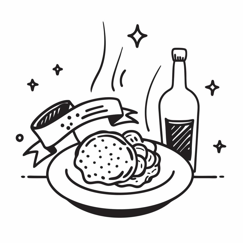 Clean Plate of spaghetti and a wine bottle symbolizing Italian dining with ample space for text concept as A plate of spaghetti and a wine bottle representing the essence of Italian din vector