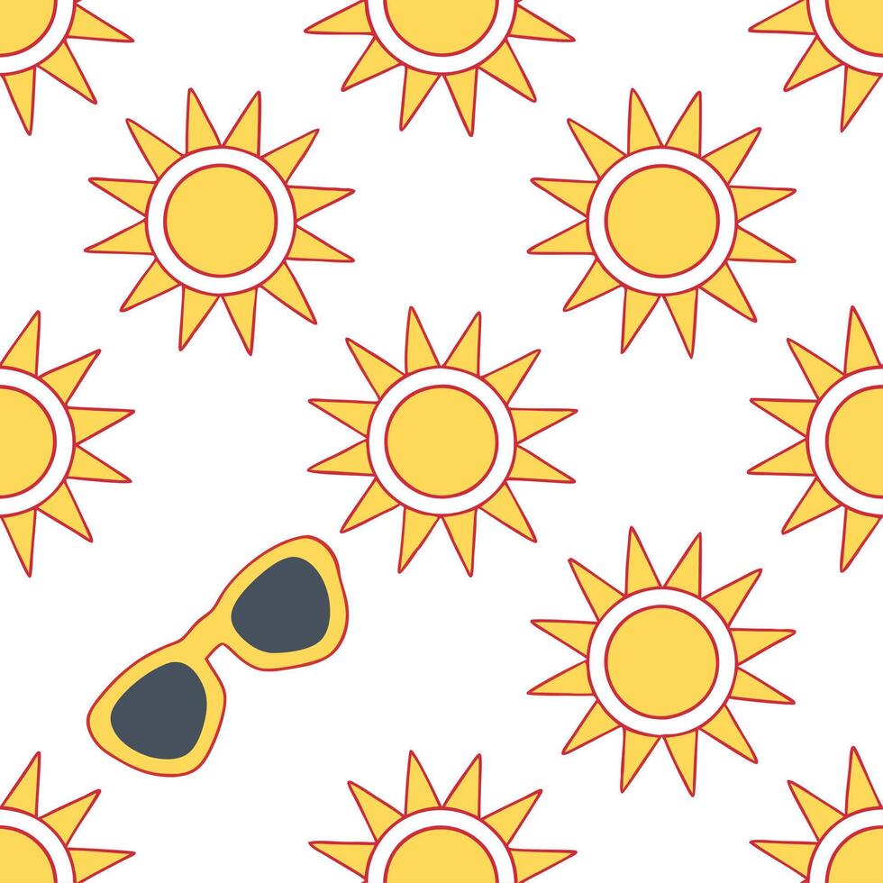 Clean Playful summer sun seamless tile pattern with sunglasses and sun rays for a fun and sunny home environment concept as Sunglasses and sun rays arranged in a playful seamless pattern vector