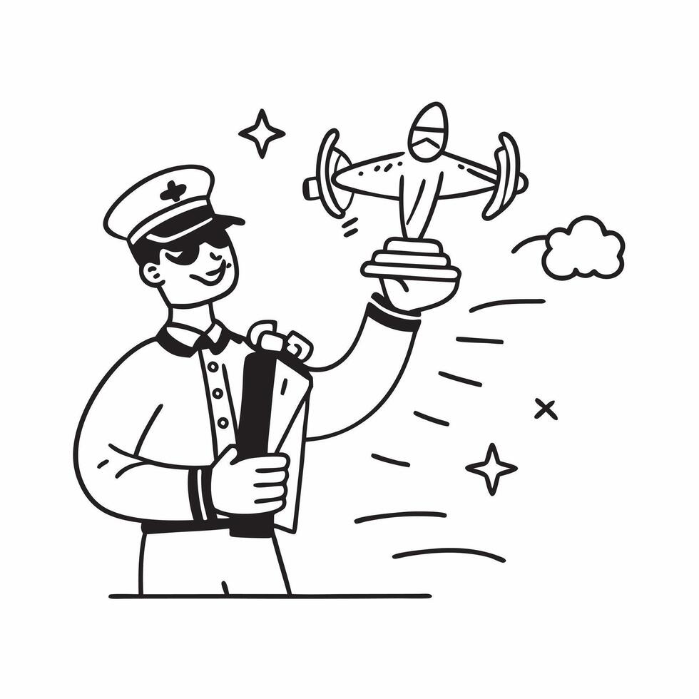 Clean Pilot with a trophy and a model airplane representing aviation success with space for text concept as A pilot holding a trophy and a model airplane symbolizing aviation success an vector