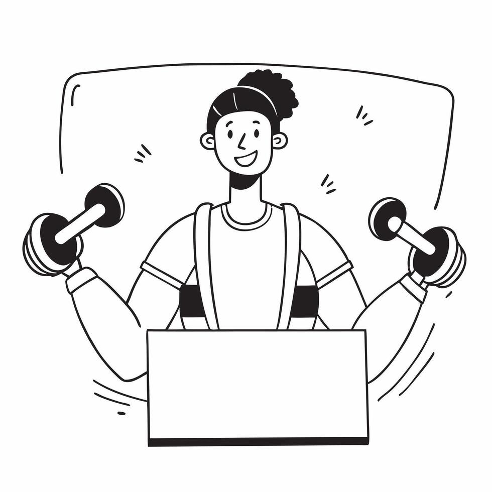 Clean Personal trainer with dumbbells and a nutrition guide indicating fitness and health with ample space for text concept as A personal trainer holding dumbbells and a nutrition guide vector