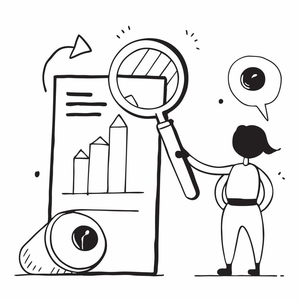 Clean Persona with a bar graph and a magnifying glass symbolizing financial scrutiny in double exposure with copy space concept as A persona blended with a bar graph and a magnifying gl vector