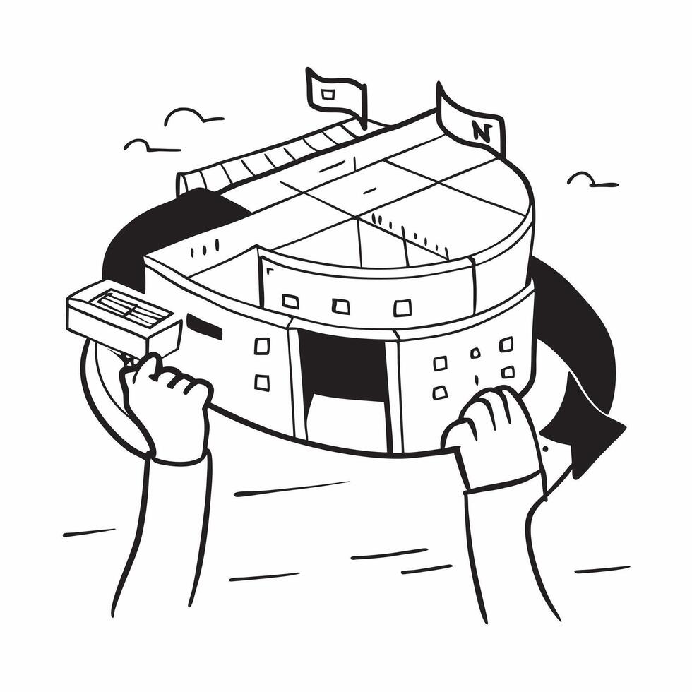 Clean Person and a blueprint of a stadium symbolizing architectural planning in double exposure with copy space concept as A person intertwined with a blueprint of a stadium representin vector
