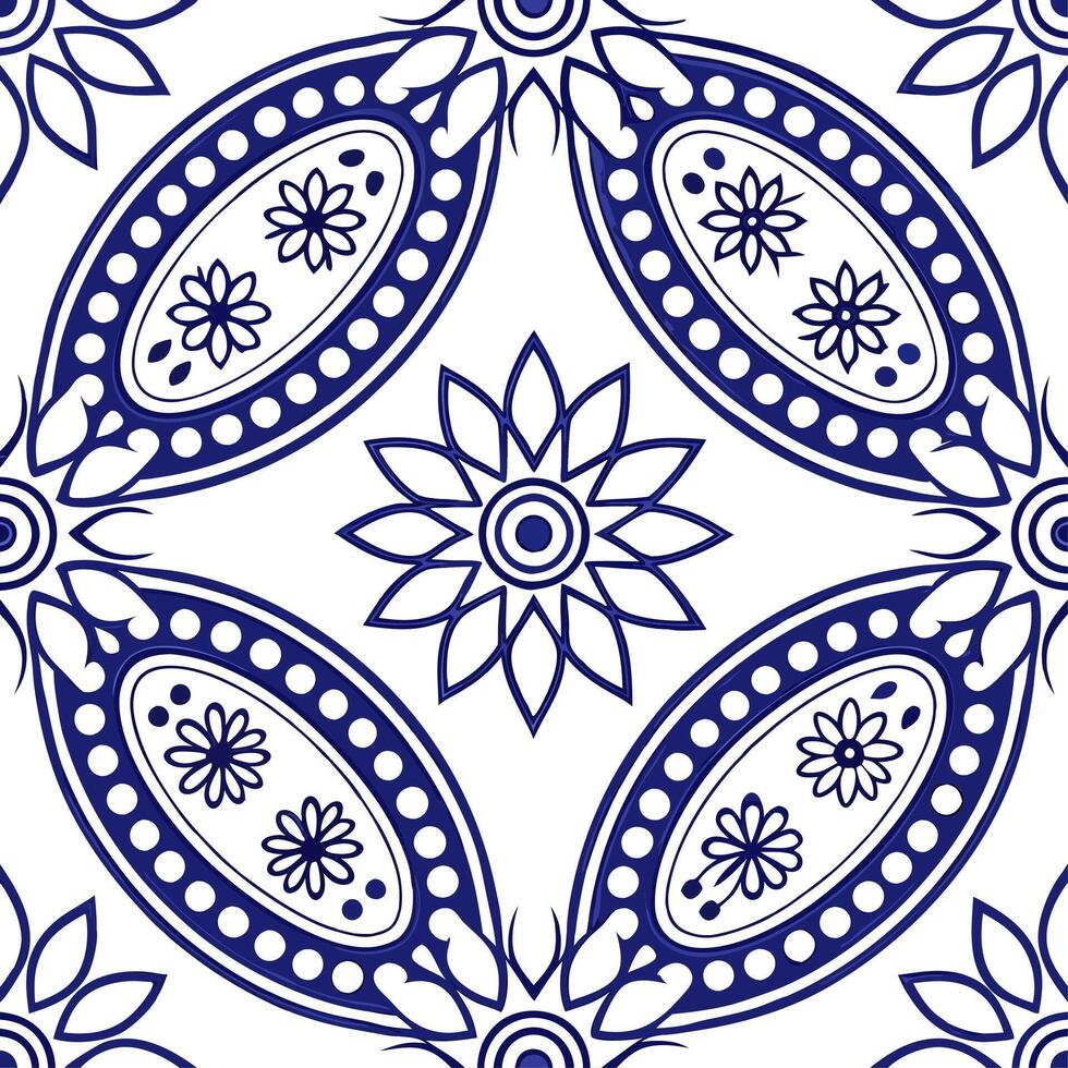 Clean Persian paisleys and geometric patterns seamless tile pattern with rich blue hues concept as Rich blue hues highlight Persian paisleys intertwined with geometric patterns in seamle vector