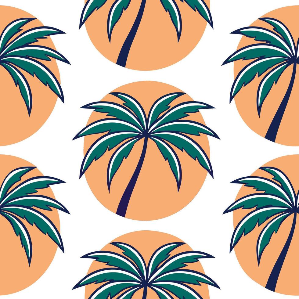 Clean Palm trees against a setting sun seamless tile pattern with vibrant tropical hues concept as Palm trees silhouette against a setting sun with vibrant tropical hues creates a seamle vector