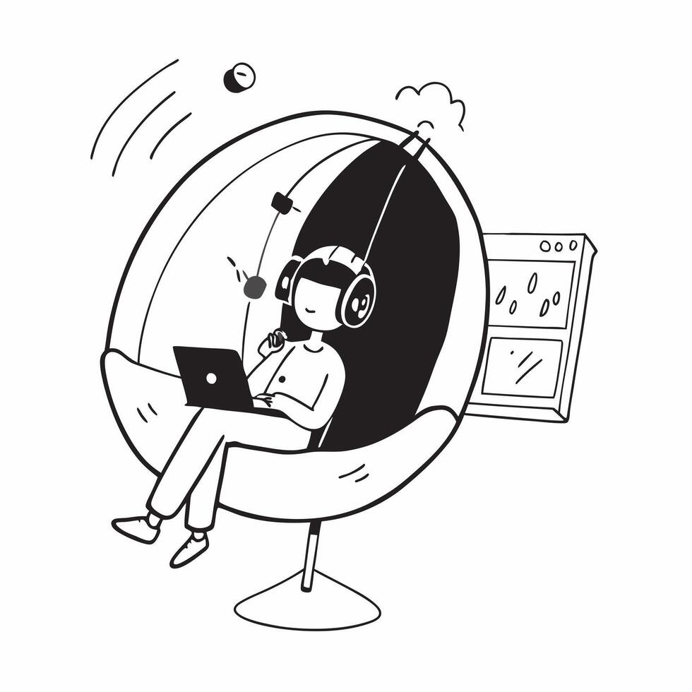 Clean Office worker with a nap pod and a relaxation playlist symbolizing rest and recovery with ample space for text concept as An office worker using a nap pod and listening to a relax vector