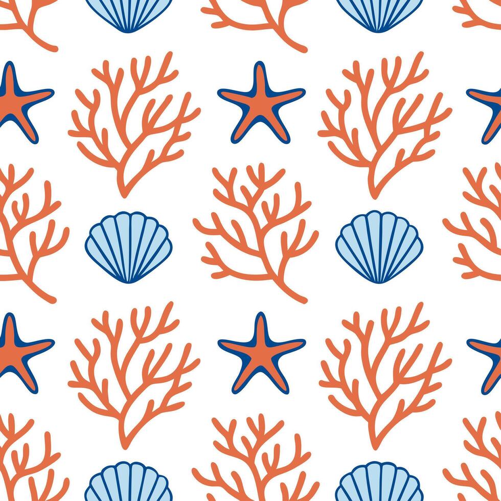 Clean Ocean inspired summer seamless tile pattern with coral reefs and sea creatures for coastal decor concept as Coral reefs and sea creatures arranged in a seamless pattern perfect for vector