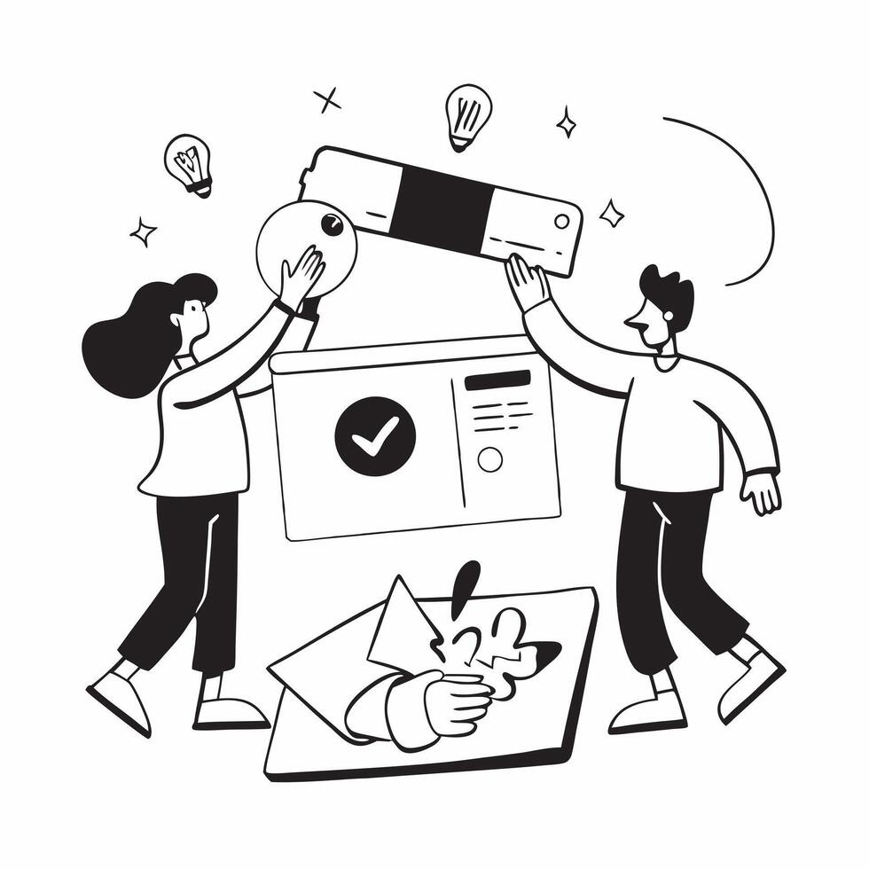 Clean Marketing team collaborating on a product launch concept as A illustration of a marketing team collaborating on a product launch using digital tools and charts with a 3 colo vector