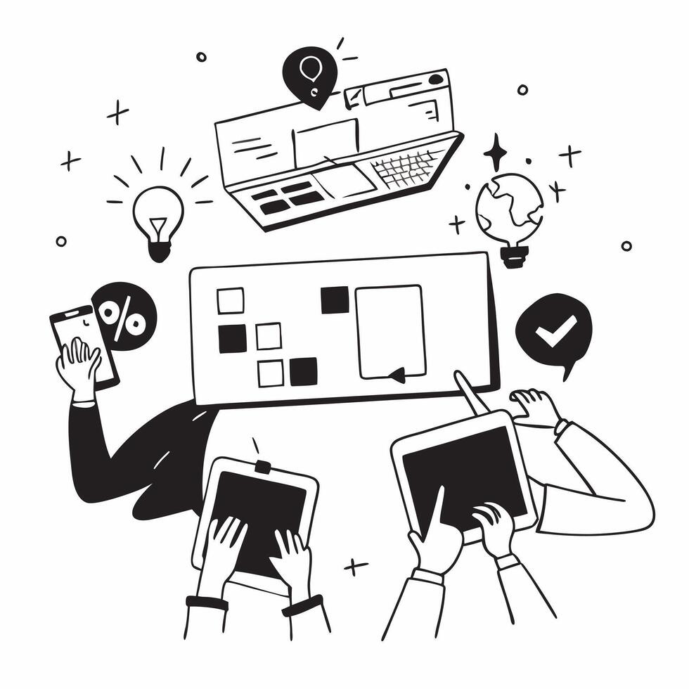 Clean Marketing team brainstorming in a creative workspace concept as A illustration of a marketing team brainstorming in a creative workspace using laptops and tablets with an 8 vector
