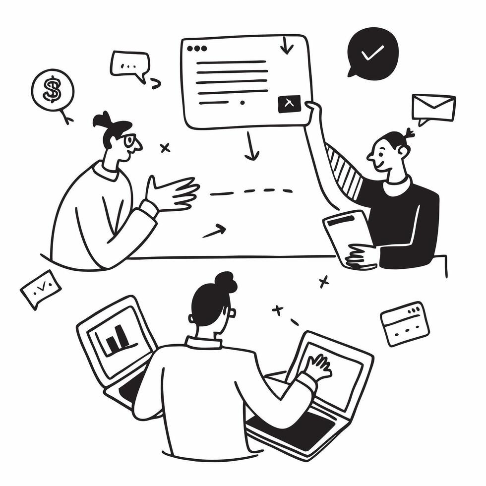 Clean Marketing consultant collaborating with clients concept as A illustration of a marketing consultant collaborating with clients using laptops and digital tools with a 3 color vector
