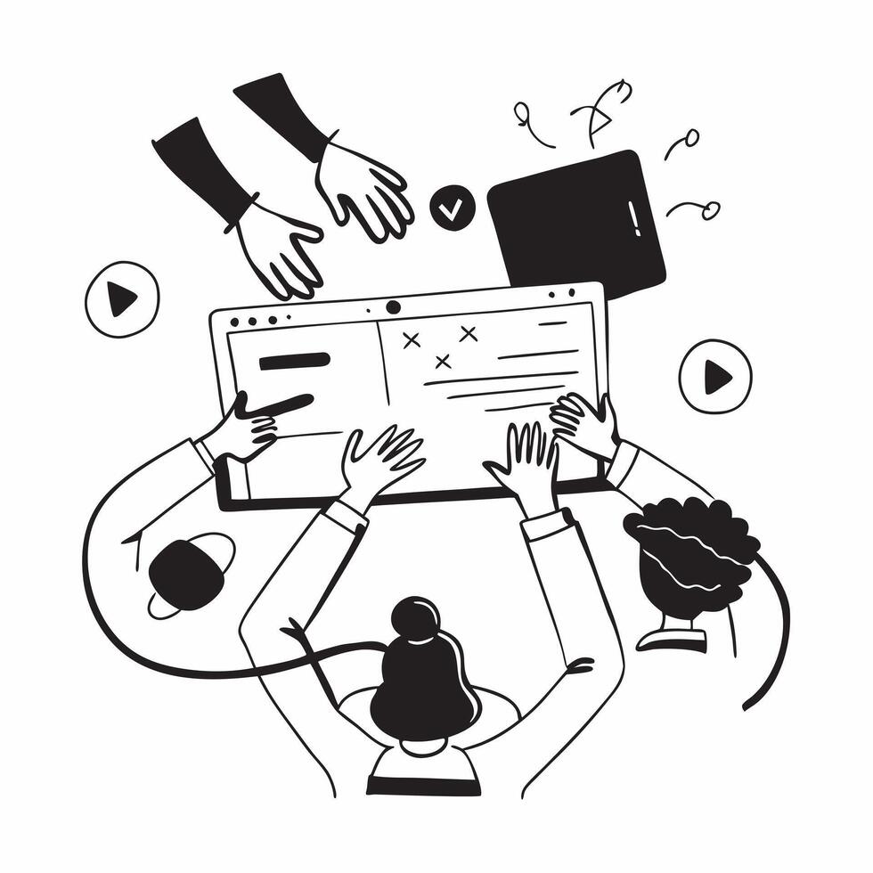 Clean Manager leading a team meeting with presentation slides concept as A illustration of a manager leading a team meeting with presentation slides featuring a 3 color scheme to vector