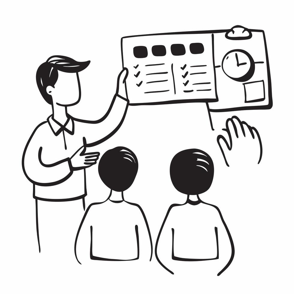 Clean Manager conducting a team meeting with visual aids concept as A illustration of a manager conducting a team meeting with visual aids featuring a 3 color scheme to highlight vector
