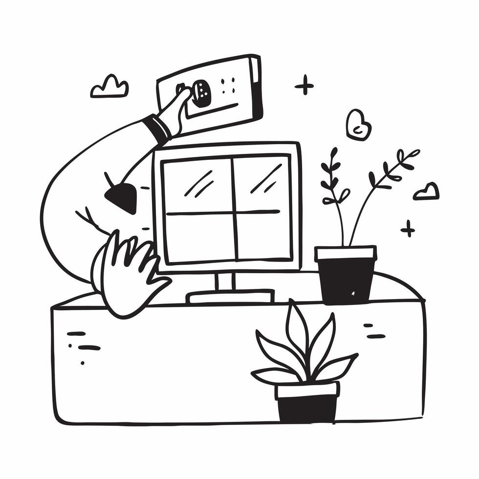 Clean Manager with a desktop garden and a natural light window symbolizing nature integration with ample space for text concept as A manager with a desktop garden and a window providing vector