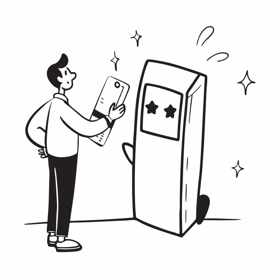 Clean Man with a lucky charm and a slot machine symbolizing luck and gaming with room for writing concept as A man holding a lucky charm and standing by a slot machine indicating luck a vector