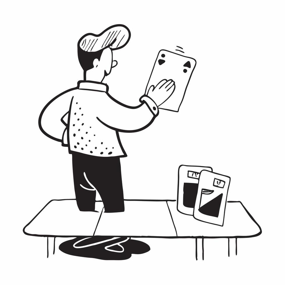 Clean Man with a deck of cards and a poker table symbolizing card gaming with space for text concept as A man holding a deck of cards and standing by a poker table representing card gam vector