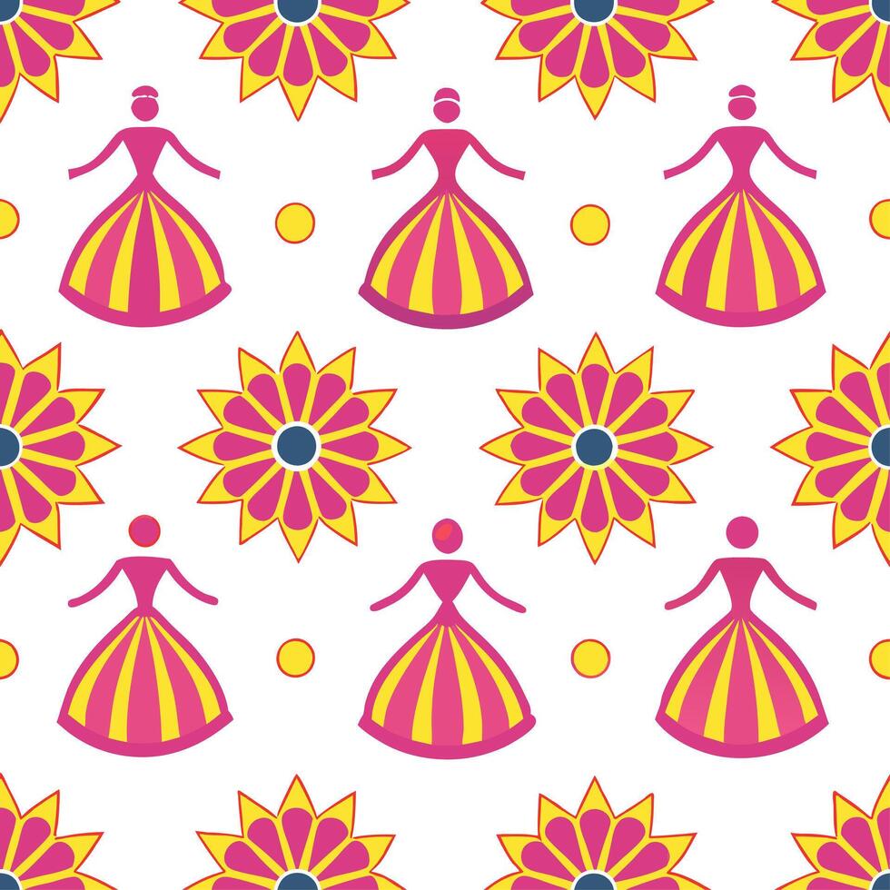 Clean Local festivals and traditional dances seamless tile pattern with vibrant colors and dynamic shapes concept as Vibrant colors and dynamic shapes highlight local festivals and tradi vector