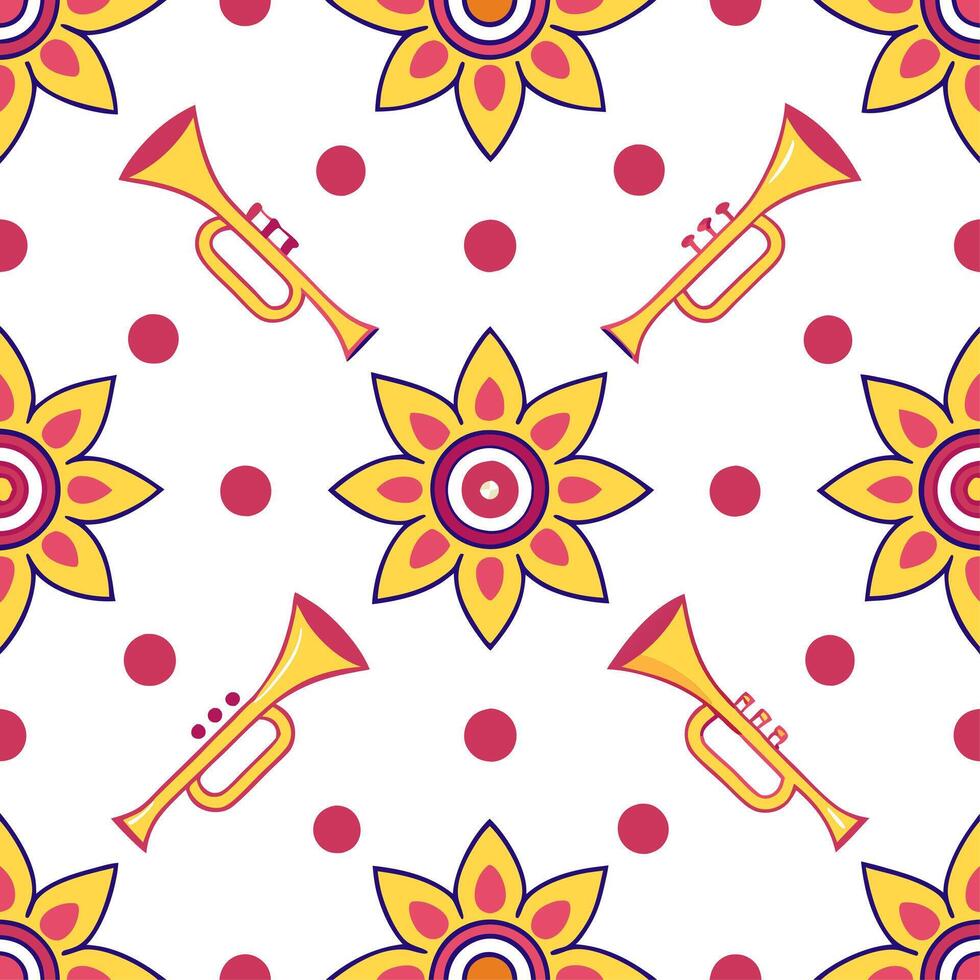 Clean Local festivals and traditional instruments seamless tile pattern with vibrant colors and dynamic shapes concept as Vibrant colors and dynamic shapes highlight local festivals and vector