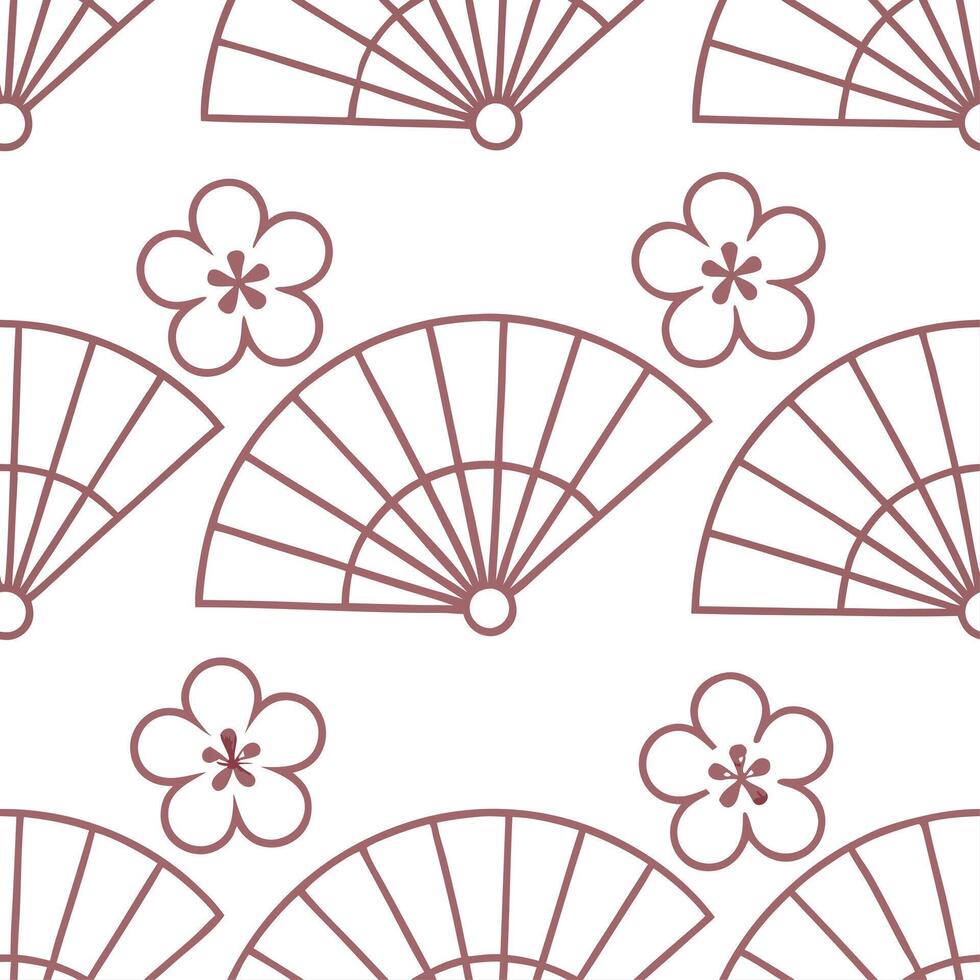 Clean Japanese sakura blossoms and traditional fans seamless tile pattern with soft pink and white tones concept as Soft pink and white tones highlight Japanese sakura blossoms intertwin vector