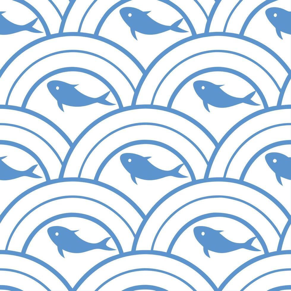 Clean Japanese waves and koi fish seamless tile pattern with serene blue tones concept as Serene blue tones highlight Japanese waves intertwined with koi fish in seamless tile pattern in vector