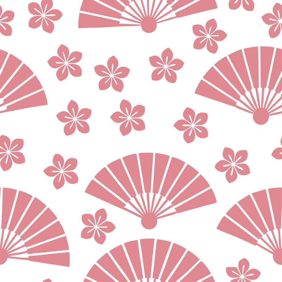 Clean Japanese cherry blossoms and traditional fans seamless tile pattern with soft pink and white tones concept as Soft pink and white tones highlight Japanese cherry blossoms intertwin vector
