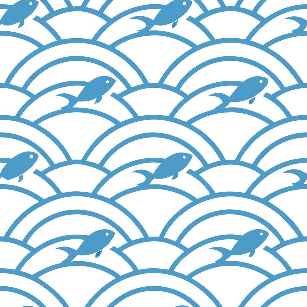 Clean Japanese waves and koi fish seamless tile pattern with serene blue tones concept as Serene blue tones highlight Japanese waves intertwined with koi fish in seamless tile pattern in Set 2 vector