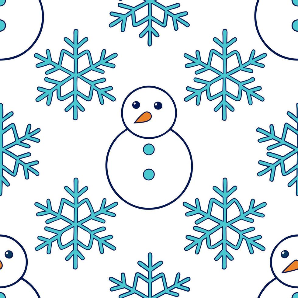 Clean Icy snowflake and snowman seamless tile pattern with playful winter elements and cool tones concept as Playful snowmen paired with icy snowflakes create a seamless tile pattern wit vector