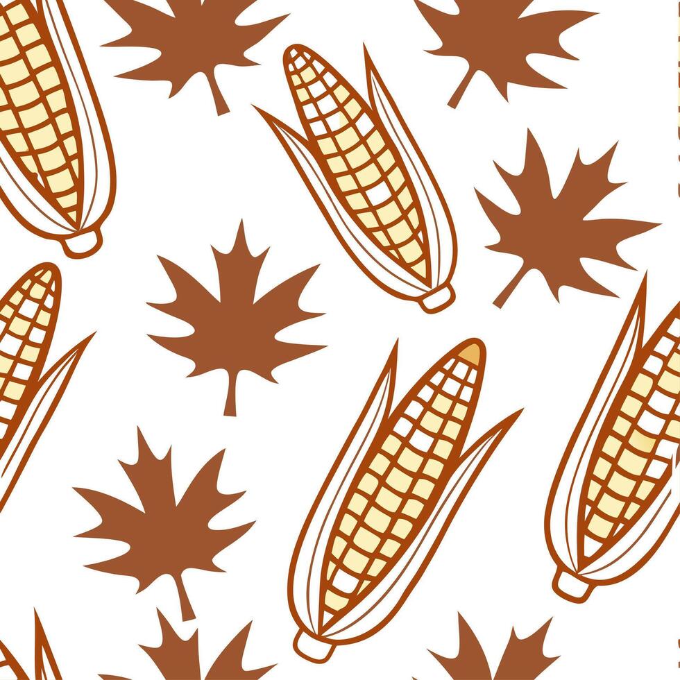 Clean Harvest inspired corn stalks and leaves seamless tile pattern with warm earthy tones concept as Corn stalks and autumn leaves in warm earthy tones create a harvest inspired seamles vector